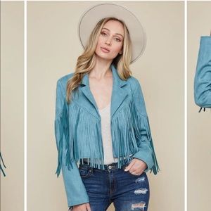 Teal suede faux leather fringe jacket! - Small
